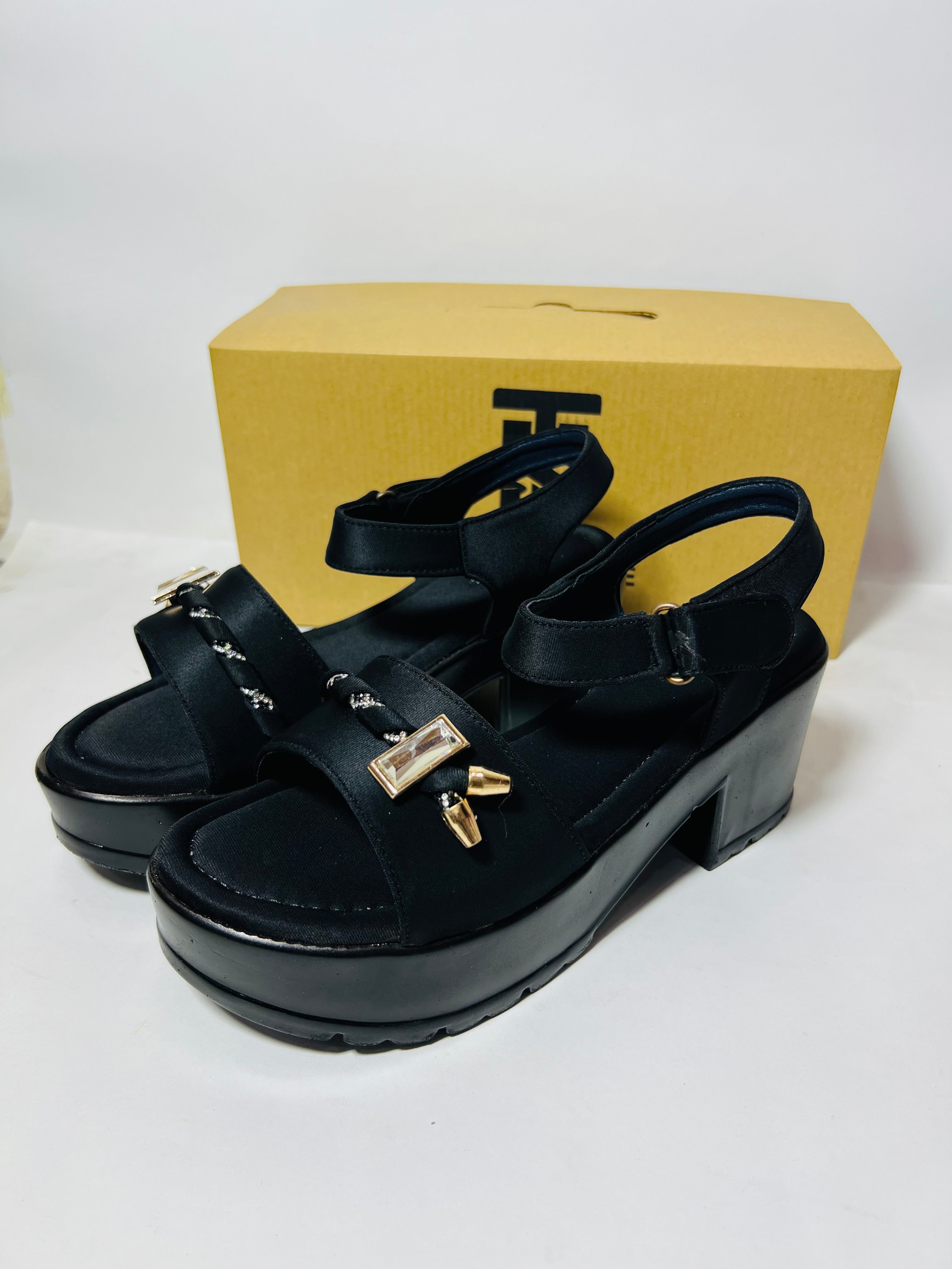 Chic Black Platform Sandals with Gold Buckle Detail