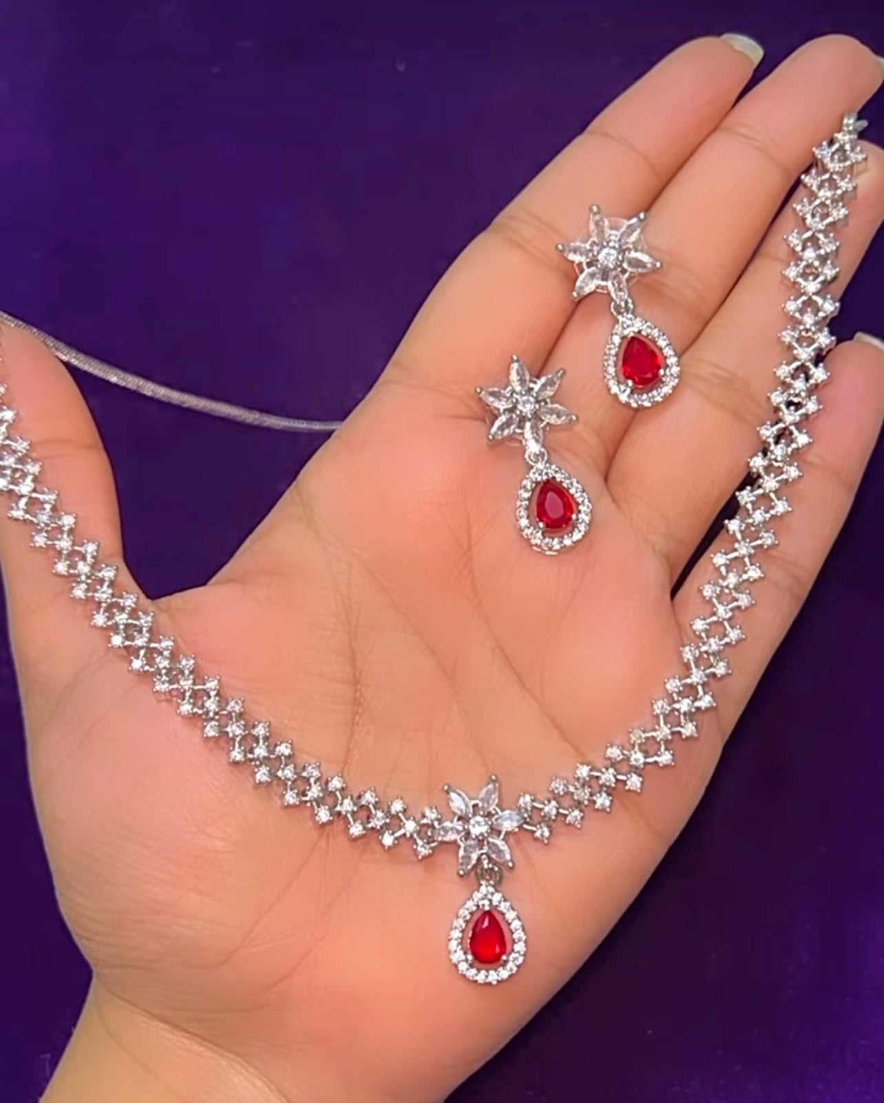 Ruby Drop Star Zircon Necklace Set – Elegant Bridal Jewelry Set