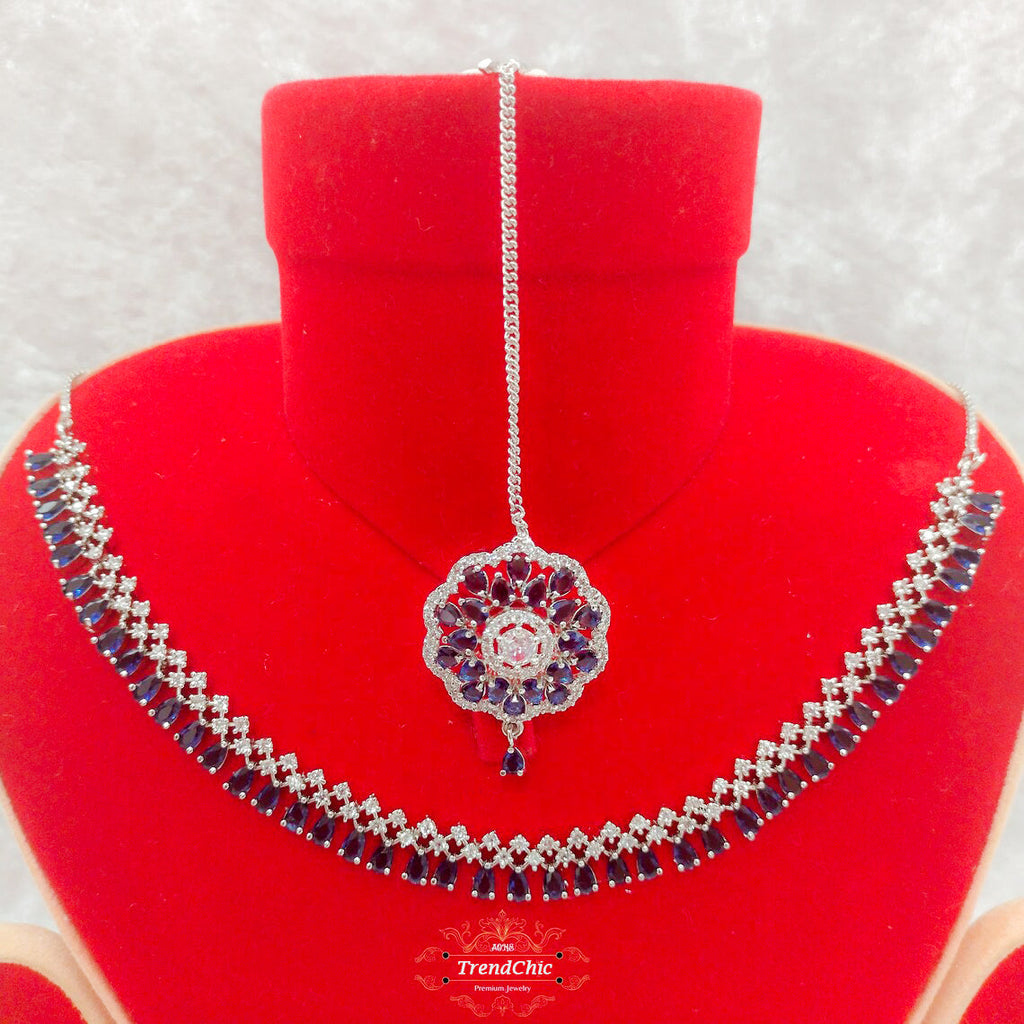 AA Royal Blue Sapphire & Diamond Bridal Jewelry Set – Necklace with Jhumka Earrings