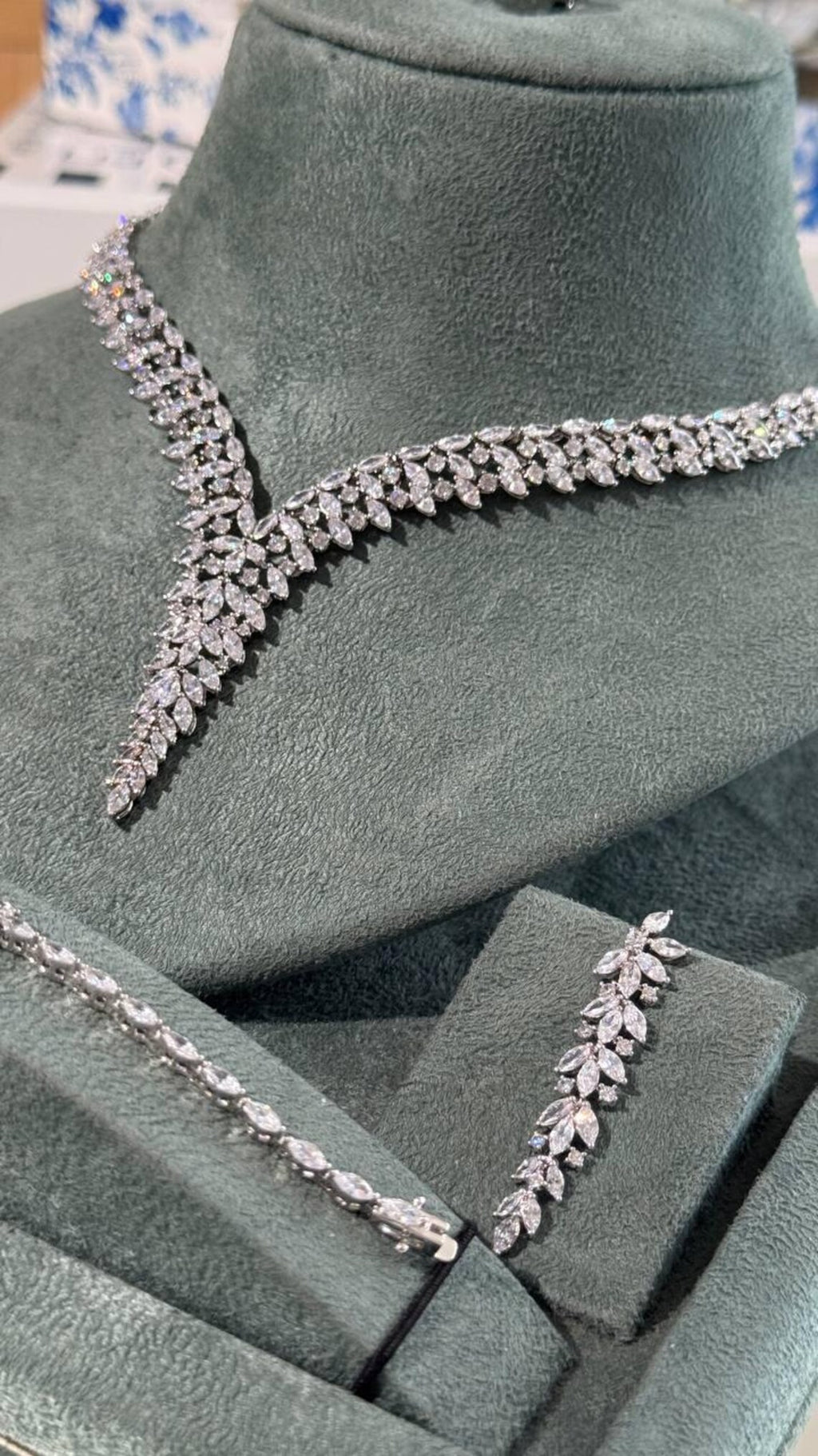 V-Shaped Zircon Statement Necklace Set with Matching Ring, Bracelet & Earrings