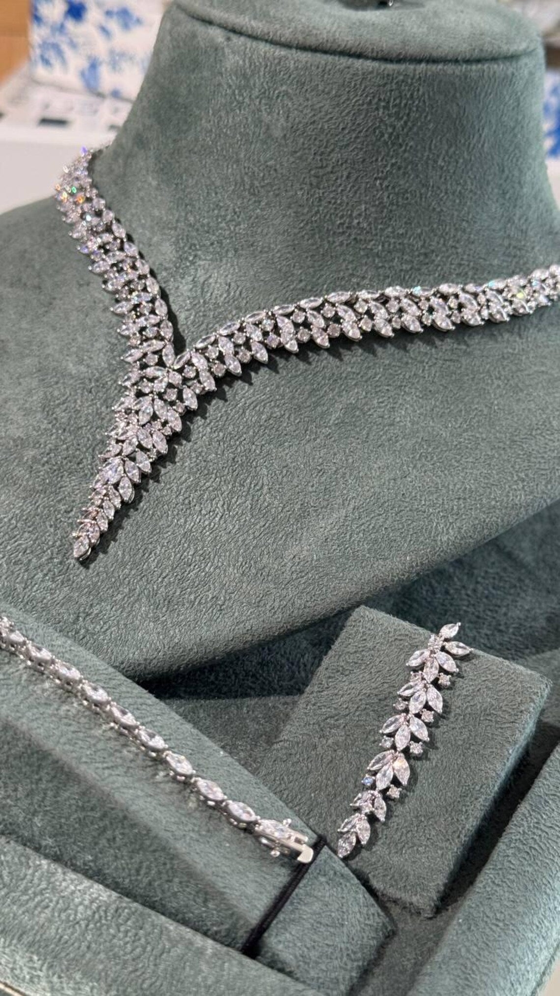 V-Shaped Zircon Statement Necklace Set with Matching Ring, Bracelet & Earrings
