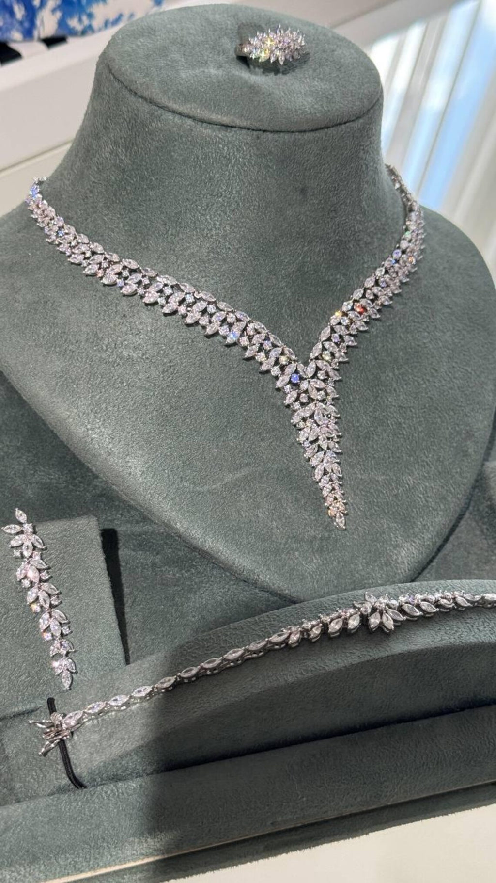 V-Shaped Zircon Statement Necklace Set with Matching Ring, Bracelet & Earrings