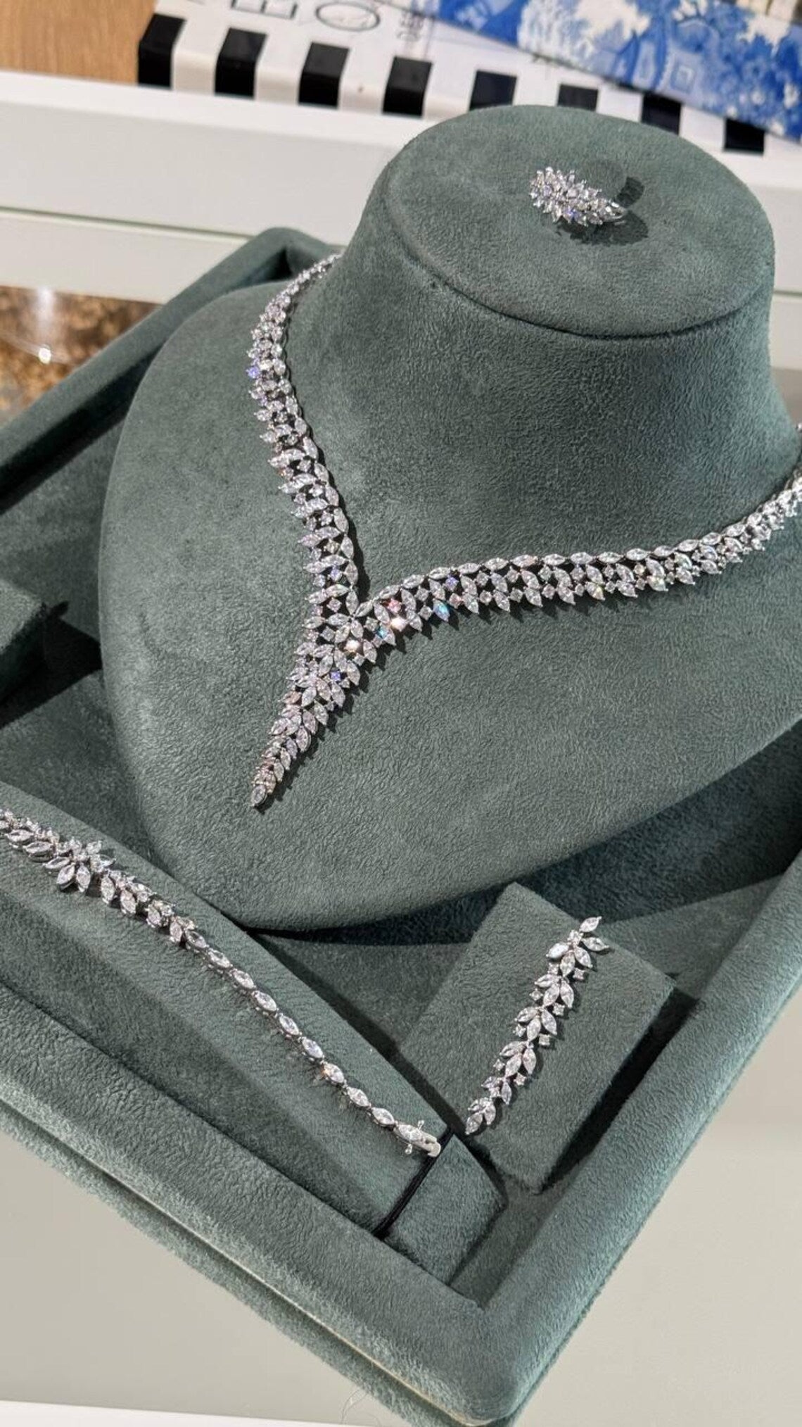 V-Shaped Zircon Statement Necklace Set with Matching Ring, Bracelet & Earrings